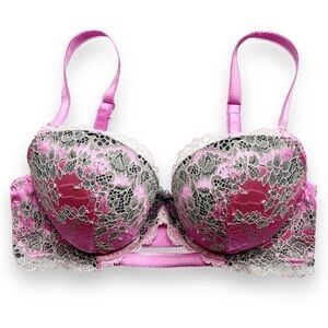 Victoria’s Secret Dream Angels Lined Demi Bra size 32D underwire pink gray‎ lace